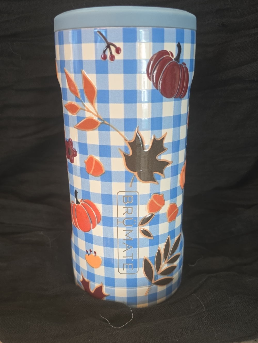 Brumate Slim Blue Gingham Fall Leaves Insulated Tumbler